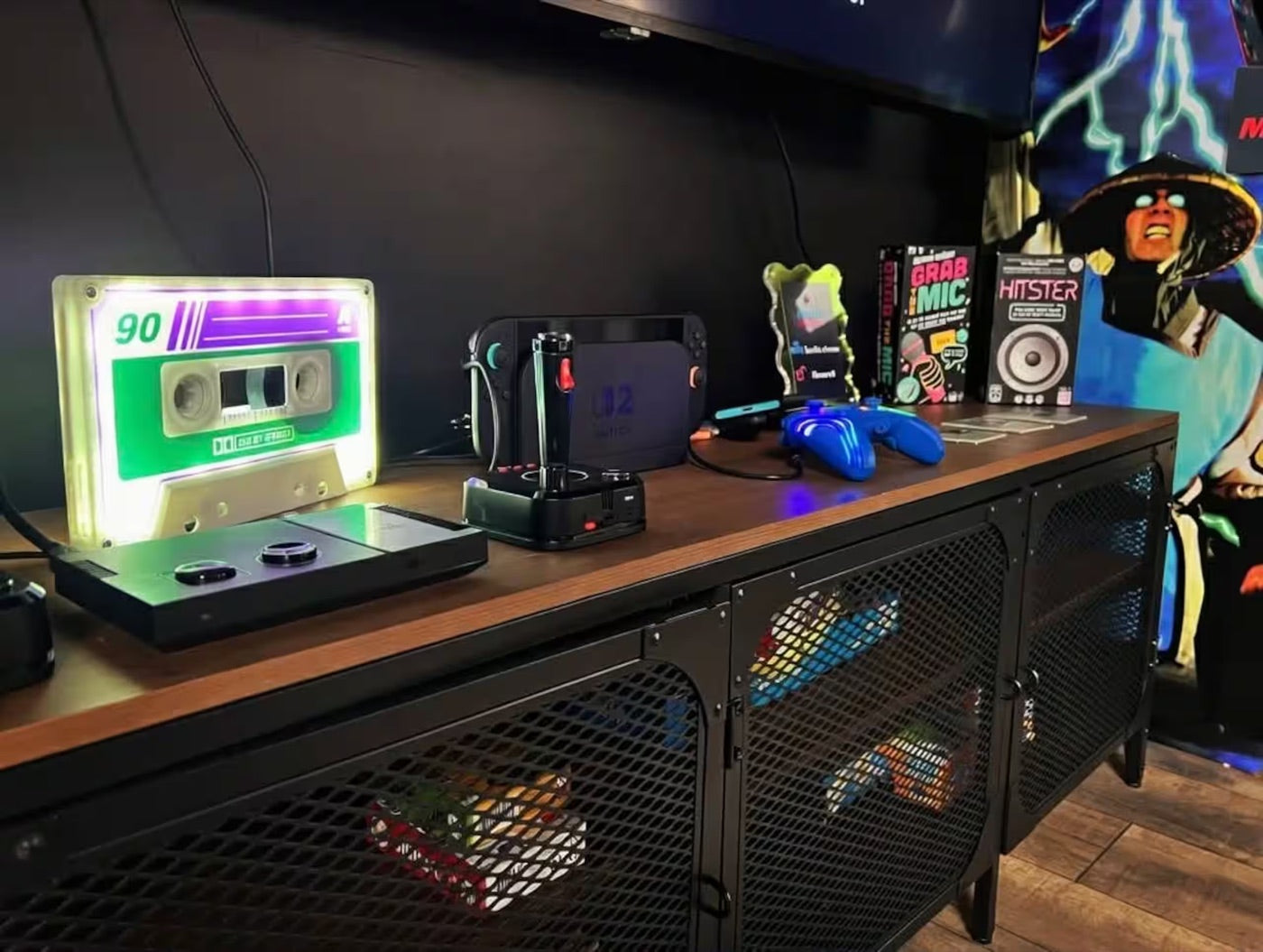 Espace consoles rétro avec Nintendo Switch, manettes et déco gaming vintage